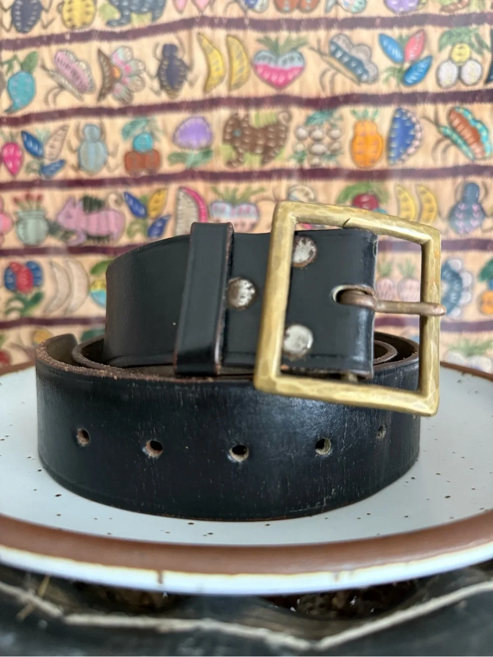 Vintage 90s Black Leather Belt with Hand Forged Square Brass Buckle